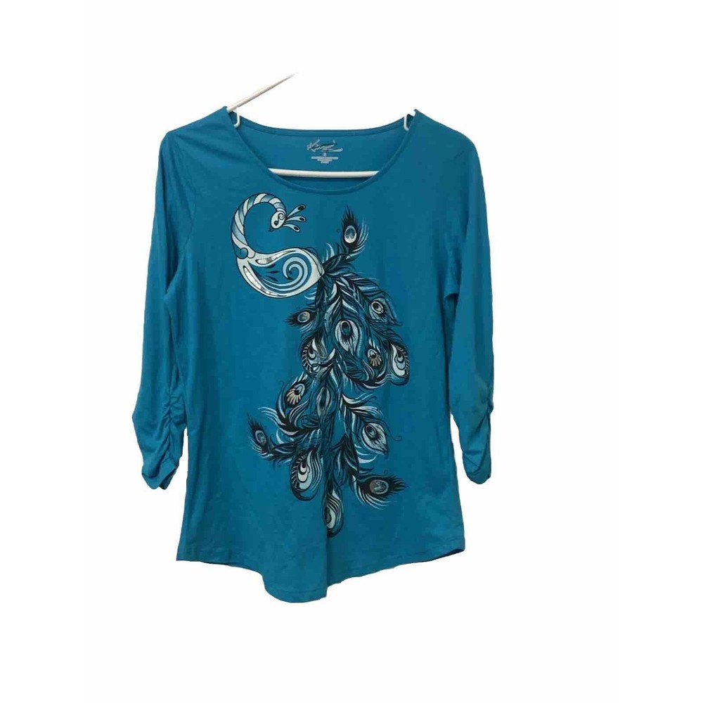 Kim Rogers Turquoise  Peacock Print Shirred Sleeve Top Sz S